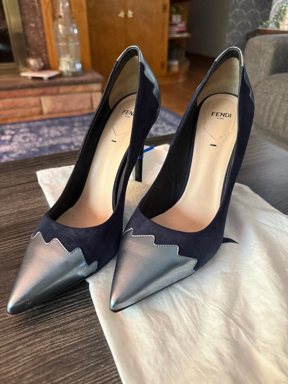 Fendi Roma Navy Blue Suede & Metallic Silver Scalloped Cap Toe Pumps Sz. 41